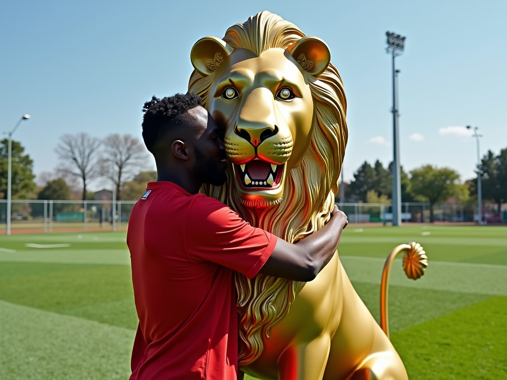 A person in a red shirt embraces a large, shiny golden lion statue on a sports field. The statue is highly detailed, with an expressive face, while the person displays a sense of admiration and connection. The bright sunlight creates a vibrant, cheerful atmosphere, highlighting the golden hues against the green field and blue sky.