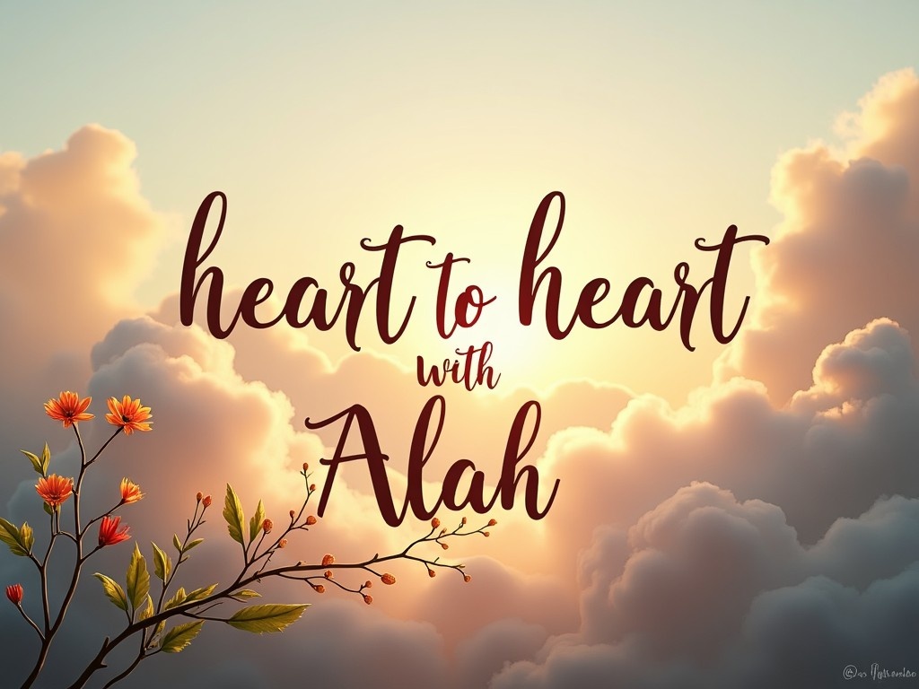 This image showcases a breathtaking background with soft, fluffy clouds illuminated by warm sunlight. At the center, in an elegant script, the words 'heart to heart with Allah' are prominently displayed. The gentle glow enhances the mood of tranquility and inspiration. In one corner, there are delicate flowers that add a touch of nature. The overall feel of the image is peaceful, encouraging reflection and spirituality.