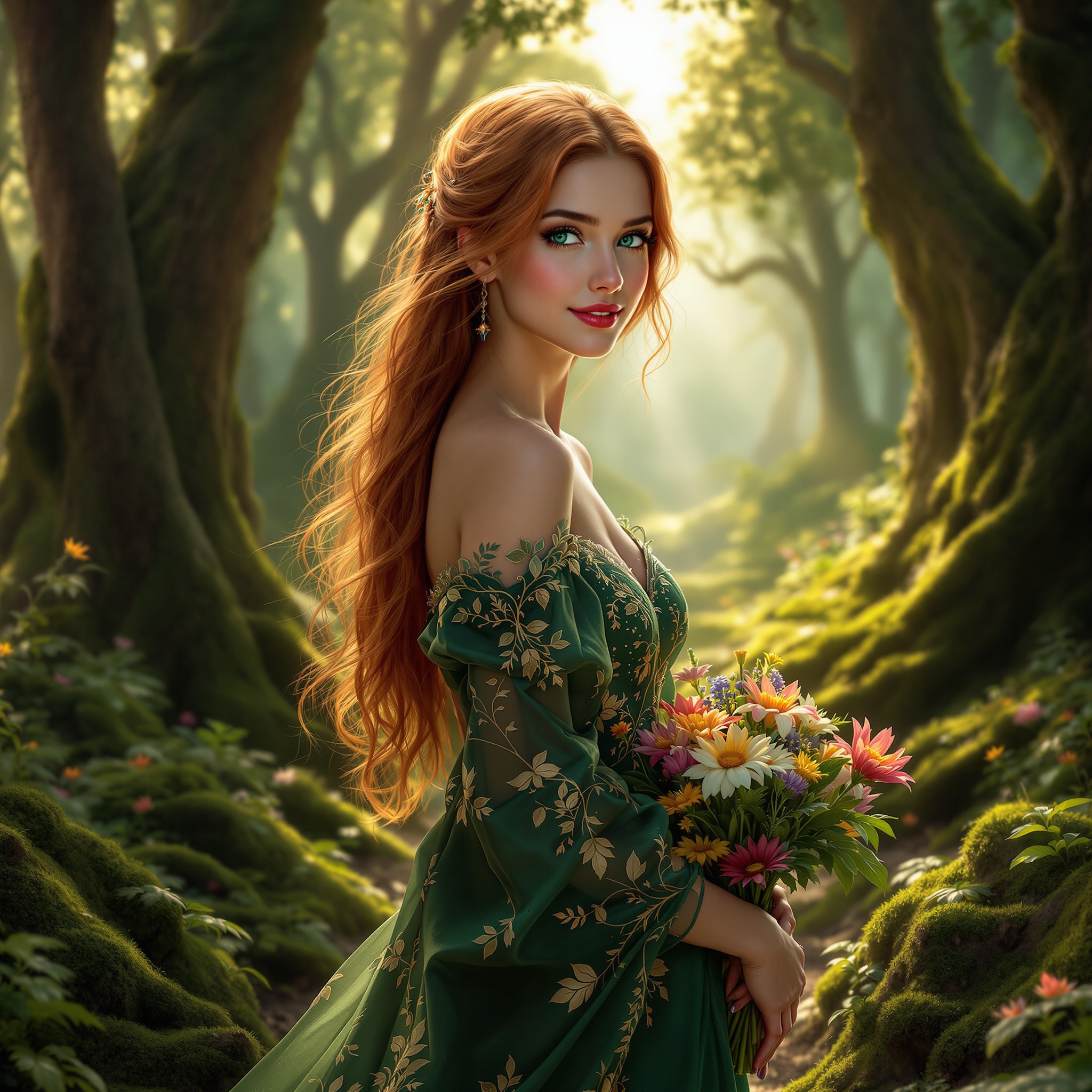 Create a hyperrealistic portrait of a young woman standing in a lush forest. Long wavy auburn hair cascades down her shoulders. Striking emerald green eyes reflect dappled sunlight. Wearing a flowing gown in deep forest green and gold, adorned with leaf and vine embroidery. Expression is serene with a slight smile. Holding a bouquet of wildflowers. Pose is graceful with one foot forward. Forest rich with detail, ancient trees, ferns, moss, and scattered wildflowers. Misty atmosphere with beams of sunlight, creating a magical ambiance. Warm golden hue highlights features and surroundings. Artistic style is hyperrealistic, focused on sharp details.