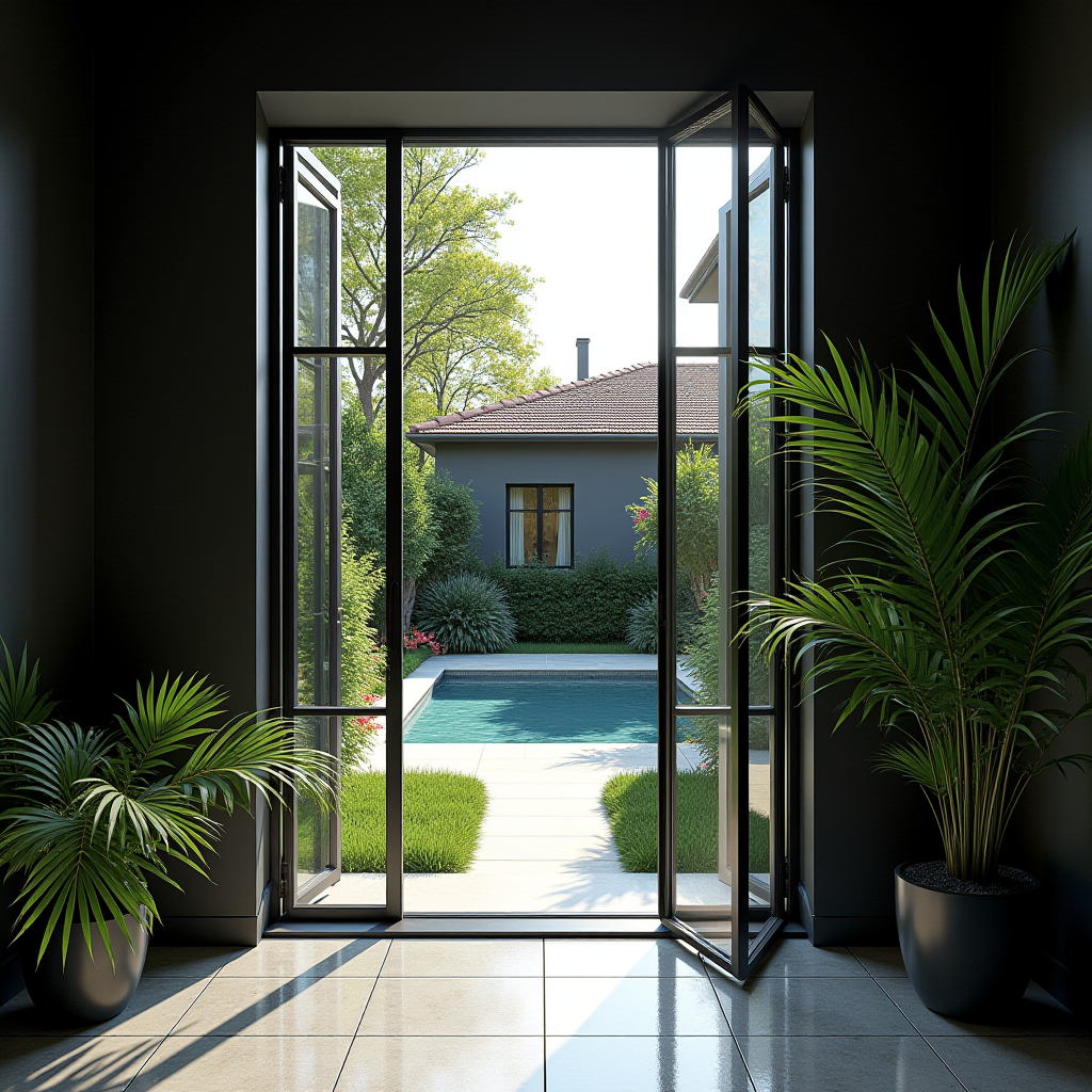 An open doorway reveals a lush garden with a swimming pool and modern house, framed by potted plants inside.