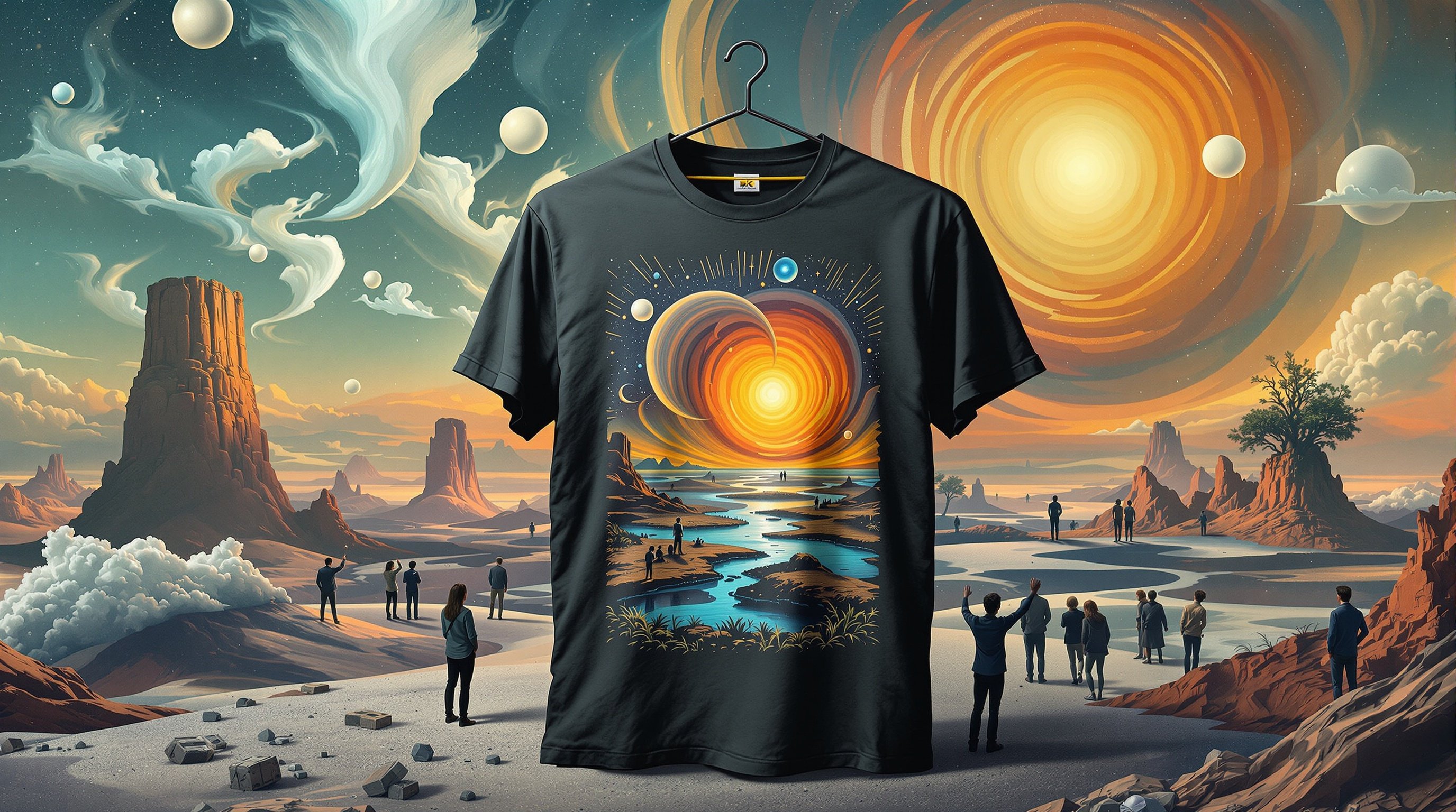 Surreal t-shirt hanging in a dreamlike landscape. Bright sun setting above colorful abstractions. People engaging with the t-shirt in imaginative ways. The scene includes dreamlike details and highly detailed painting style.