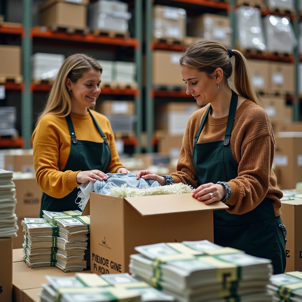 Two women in a warehouse packing goods, surrounded by boxes and stacks of packages.