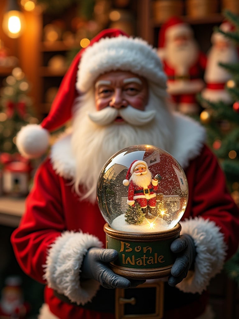 Christmas scene with Santa Claus in a red suit. Santa holding a snow globe. The globe says 'Buon Natale Giulia'. Background with toy shop decorations and lights.