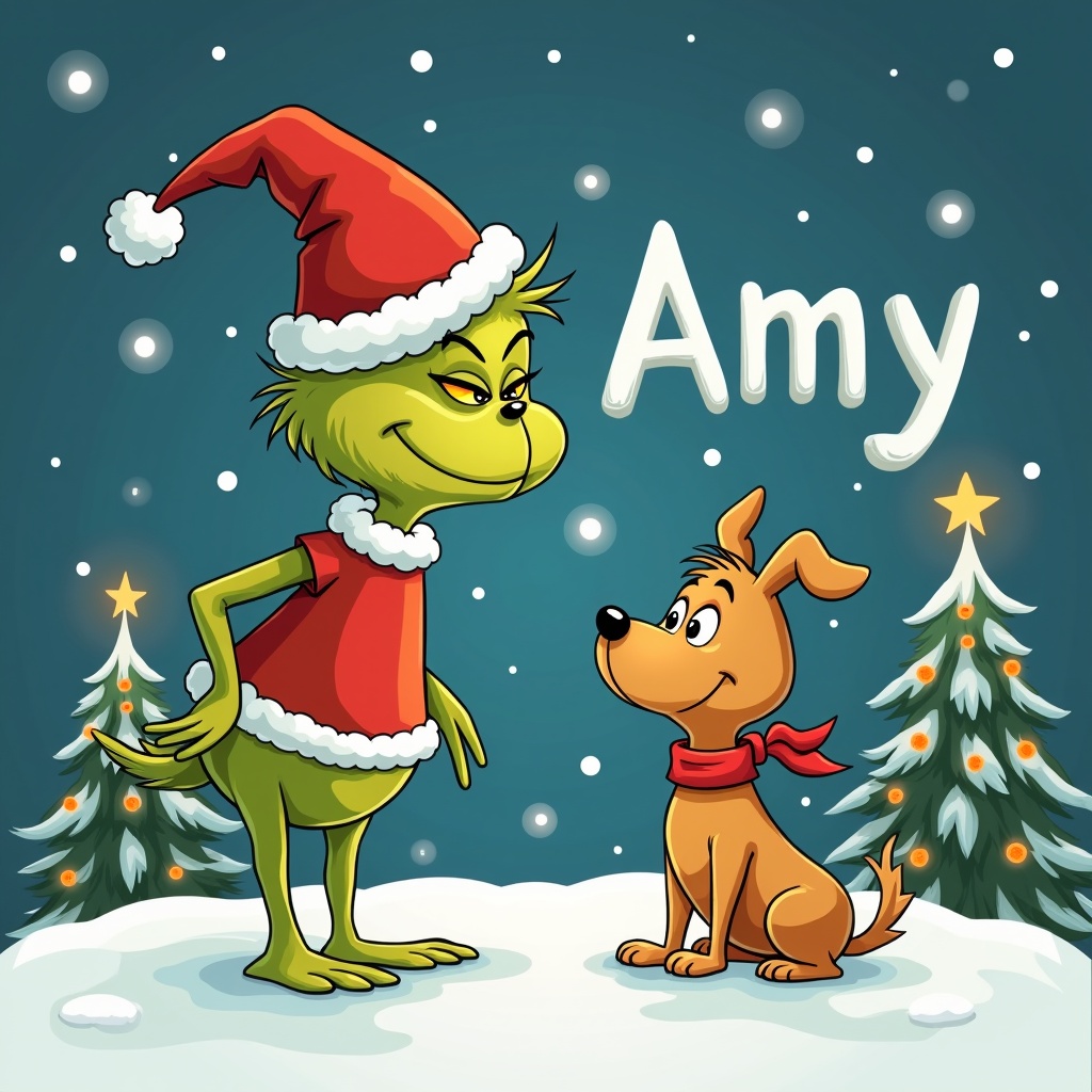 Cute Grinch character wearing a Santa hat standing next to a dog. Dog looks friendly and playful. Name Amy is written in the snow. Background has Christmas trees with lights and snowflakes falling.