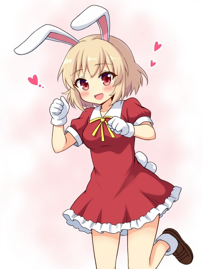 Anime character dressed in red with bunny ears and mitts. The character poses playfully with a cheerful expression. Features include white gloves and a frilly skirt. Background is soft and light pink to enhance the playful theme.