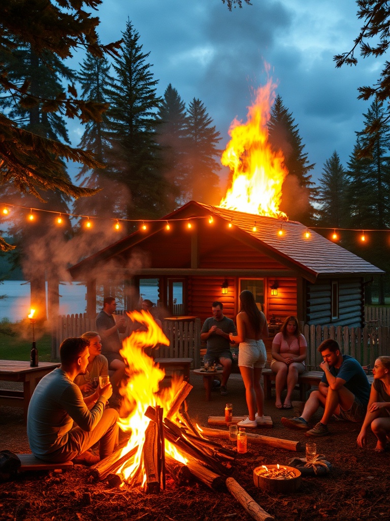 The image depicts a cozy outdoor gathering with a group of people seated around a campfire. They appear to be enjoying a relaxing evening near a wooden cabin in the woods. String lights add a warm ambiance, but an alarming fire is seen blazing on the roof of the cabin, contrasting with the peaceful setting.