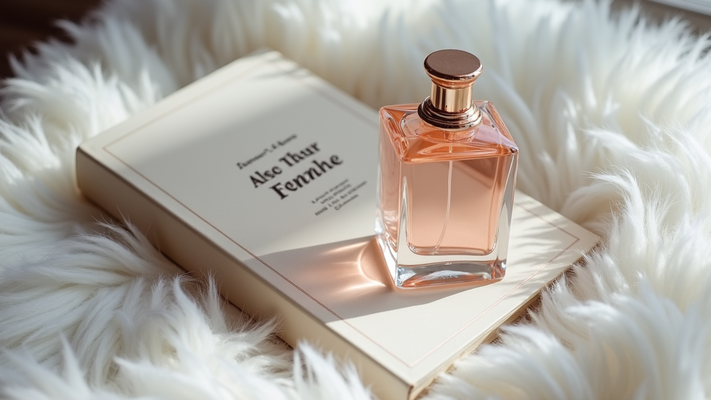 A sophisticated perfume bottle with a rose-gold cap rests on an elegant box atop fluffy white fabric.