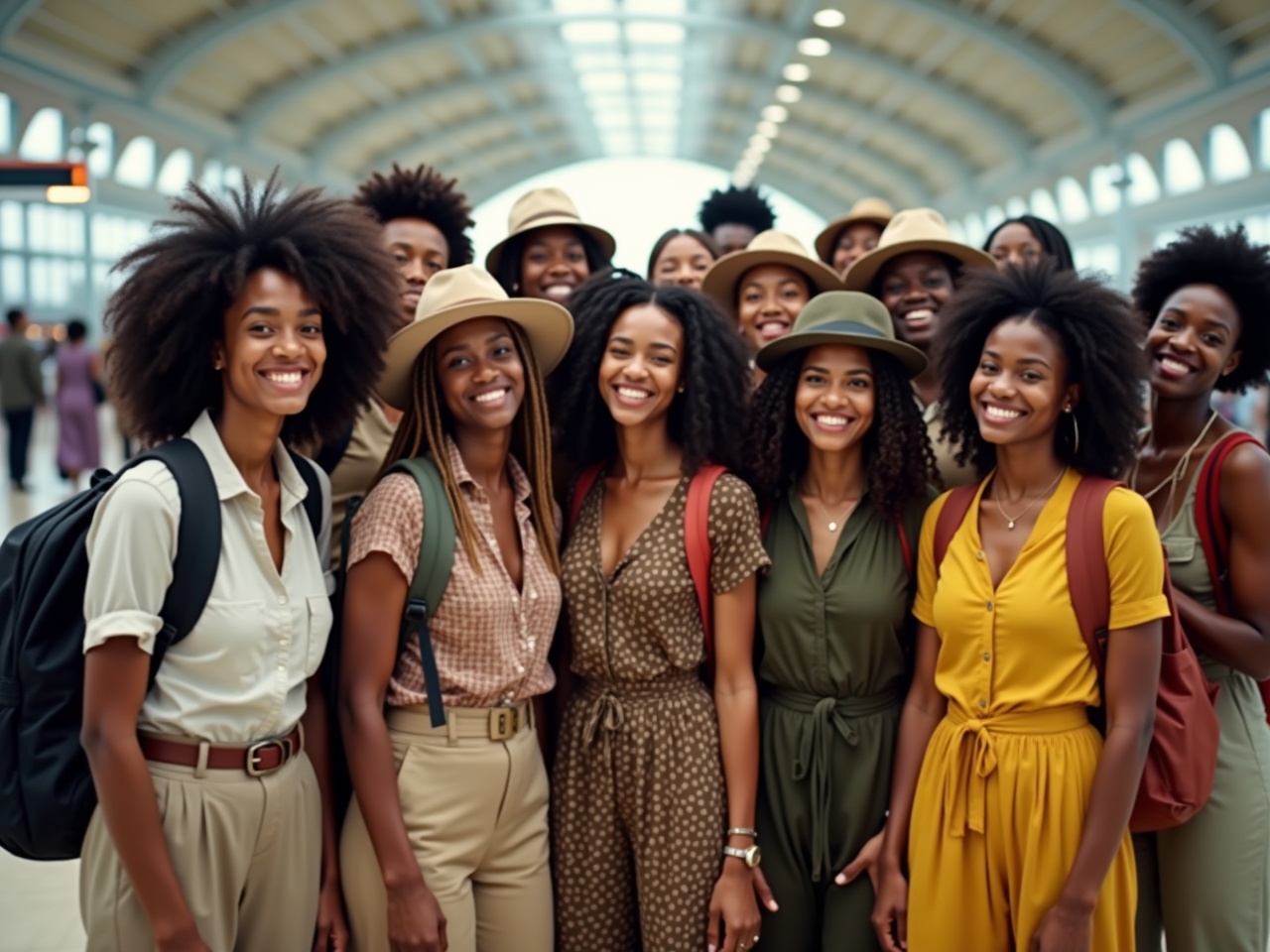 A cheerful group of friends stands together in a bright, spacious train station. They are dressed in stylish travel attire, showcasing a mix of earth tones and light fabrics. Each person is smiling, highlighting their joyful camaraderie. The background features elements of the station, such as high ceilings and natural light streaming in. Their varied hairstyles and clothing reflect a modern and fashionable aesthetic. The overall atmosphere conveys a sense of adventure and togetherness.