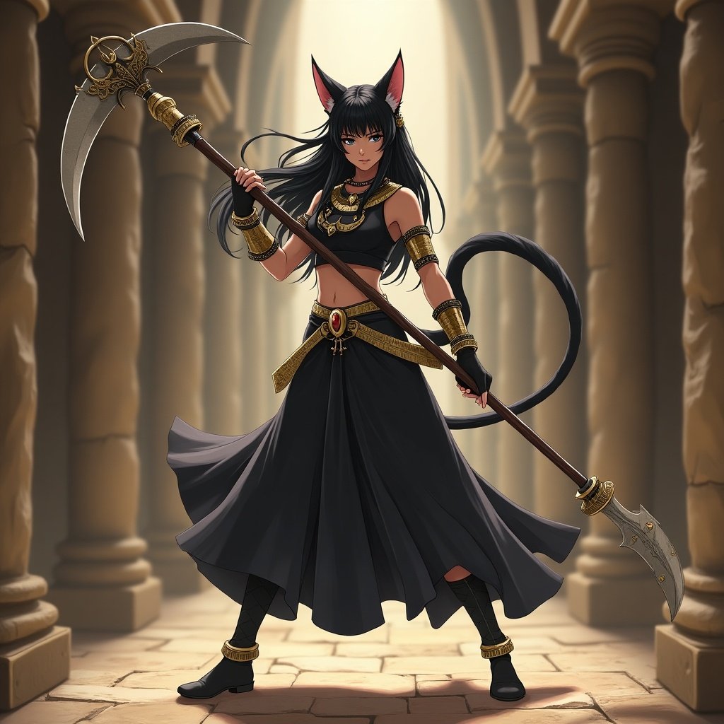 Full-body image of an anime cat girl in martial arts stance with a scythe. She wears black silk and golden jewelry. Character has dusky skin. Background shows a medieval fantasy dungeon.