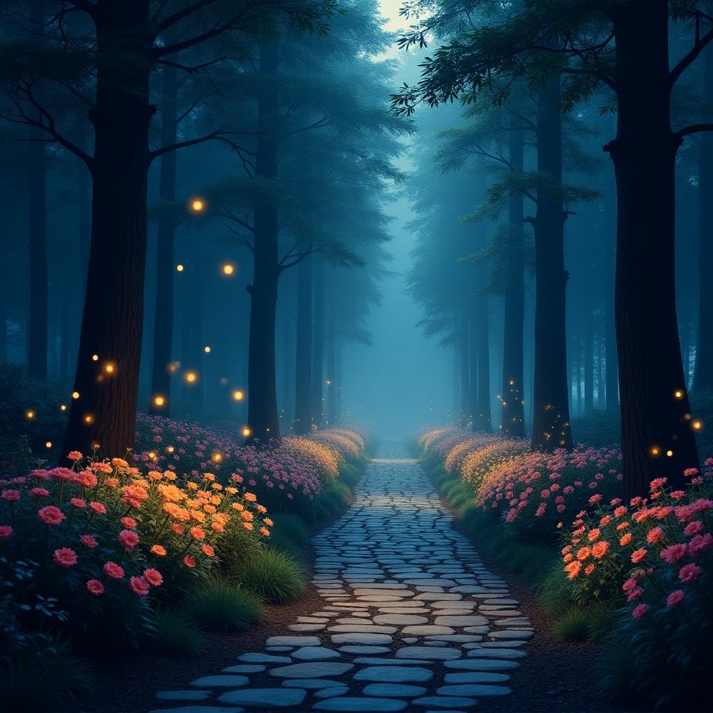 Magical forest scene at night. Cobblestone path winds through tall trees. Colorful flowers bloom along the path. Fireflies dance in the dim light. Lighting is atmospheric and evokes wonder.