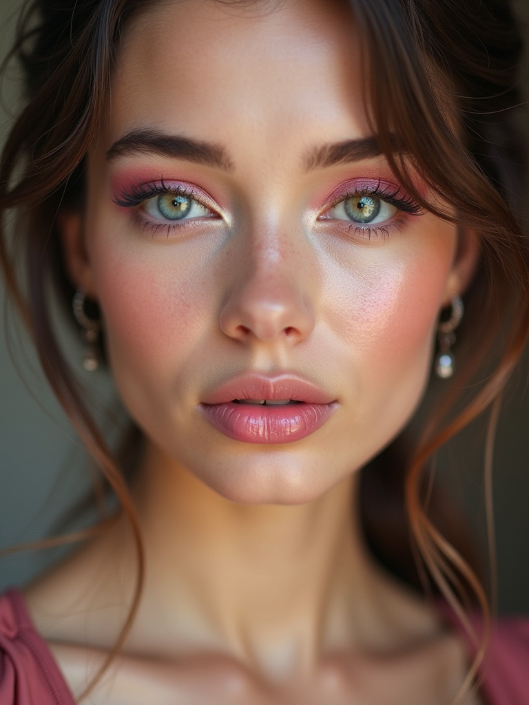 Closeup of a young woman with large bright eyes. Unique rosy pink hue enhances her appearance. She has expertly applied makeup in pink tones. Soft pastel pink eyeshadow with shimmer and long lashes. Light pink blush on cheeks and glossy pink lips. Outfit is a stunning leather dress.