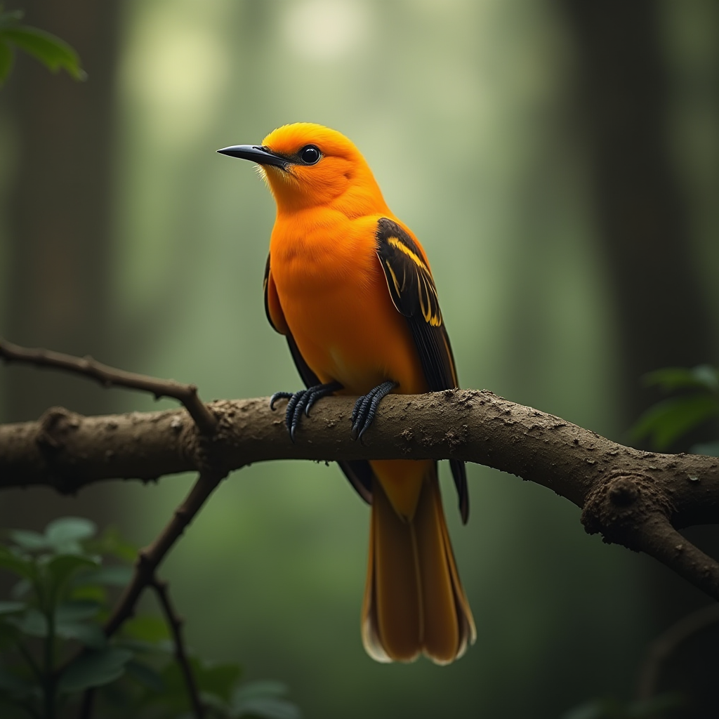 A vibrant orange bird perched gracefully on a branch in a serene, forested background.