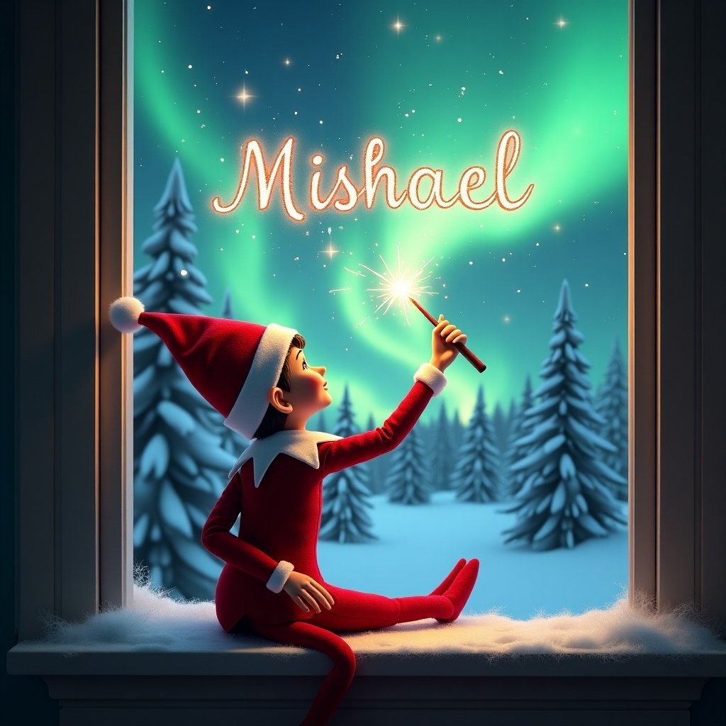 An adorable elf on the shelf sits on a window ledge. He uses a magical wand to create twinkling sparks. The background shows the northern lights and snow-covered pine trees. The elf wears a vibrant red outfit with white trim. The scene encapsulates a festive holiday feel. The elf writes the name 'Mishael' in sparkling letters above.