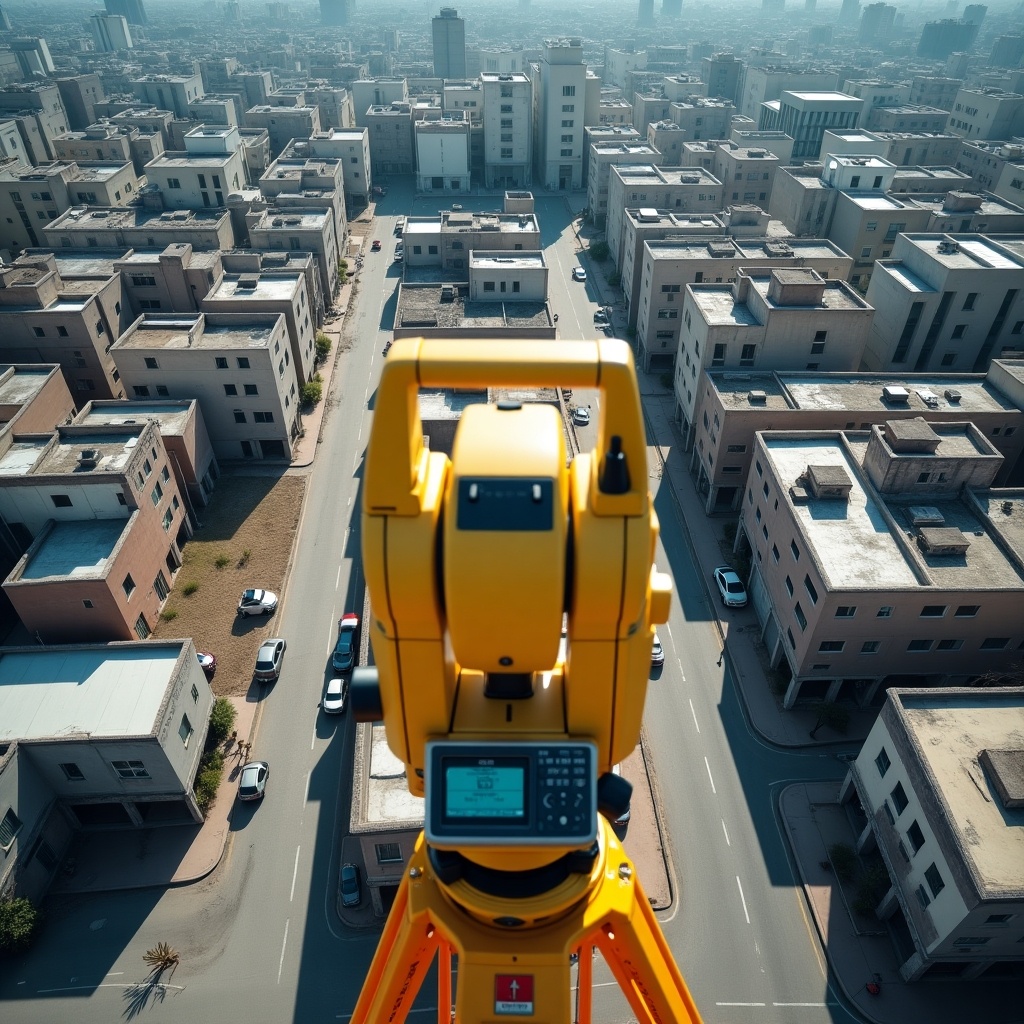 Aerial view captured using a digital surveying camera showcasing buildings in a densely populated area. Surveying equipment is prominently featured in the foreground with cityscape in the background.