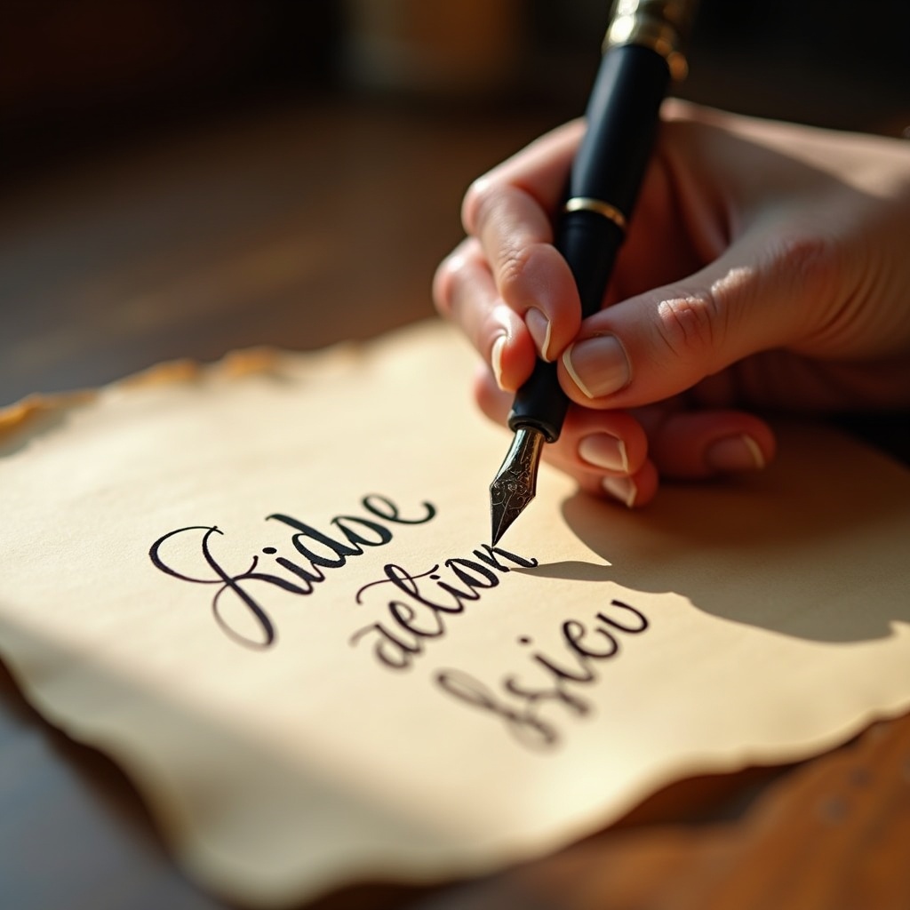 A person writes on parchment paper using a fountain pen. Focus is on delicate calligraphy. Warm light enhances paper texture and ink. Scene conveys artistry and craftsmanship. Suitable for inspiring writing and calligraphy enthusiasts.