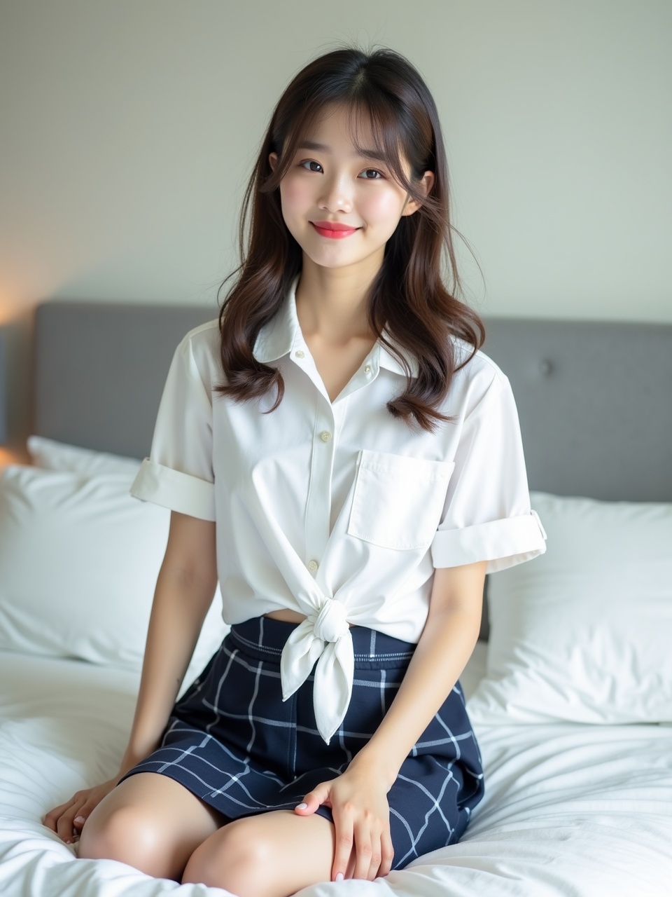 A young woman sits gracefully on a neatly made bed, exuding a calm and serene demeanor. She is dressed in a stylish white blouse, tied at the front, paired with a chic plaid skirt. The soft lighting and neutral background create a peaceful and inviting atmosphere, enhancing her gentle smile and natural elegance.