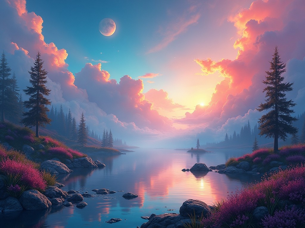 The image presents a breathtaking landscape featuring a serene lake that reflects a stunning sky filled with vibrant colors. The clouds are painted in hues of pink, orange, and blue, creating a dreamy atmosphere. Tall, majestic trees surround the lake, enhancing the natural beauty of the scene. In the background, the sun sets behind the hills, casting a warm glow over the landscape. The overall effect is surreal, making it seem like a masterpiece of nature waiting to be explored.