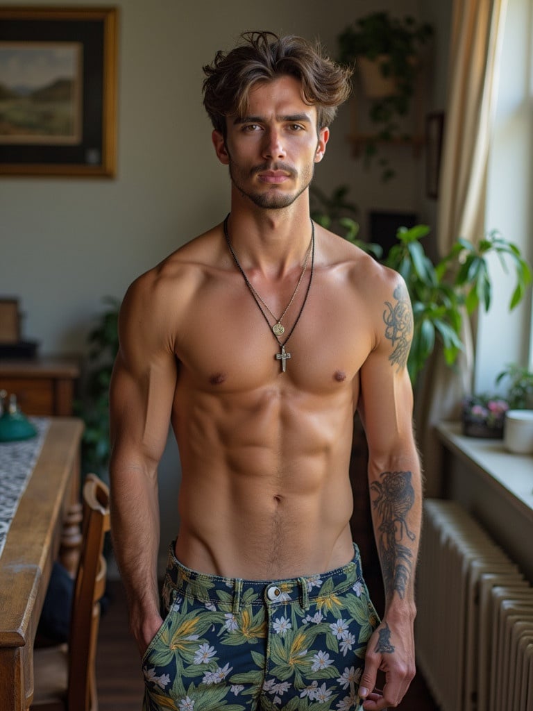 Male subject with a fit physique poses in a home setting. Background includes indoor plants and a wooden table. Subject wears shorts with a floral pattern and minimal accessories. Mood appears relaxed and confident.