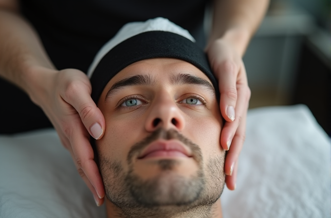 A person is receiving a facial massage while lying down.