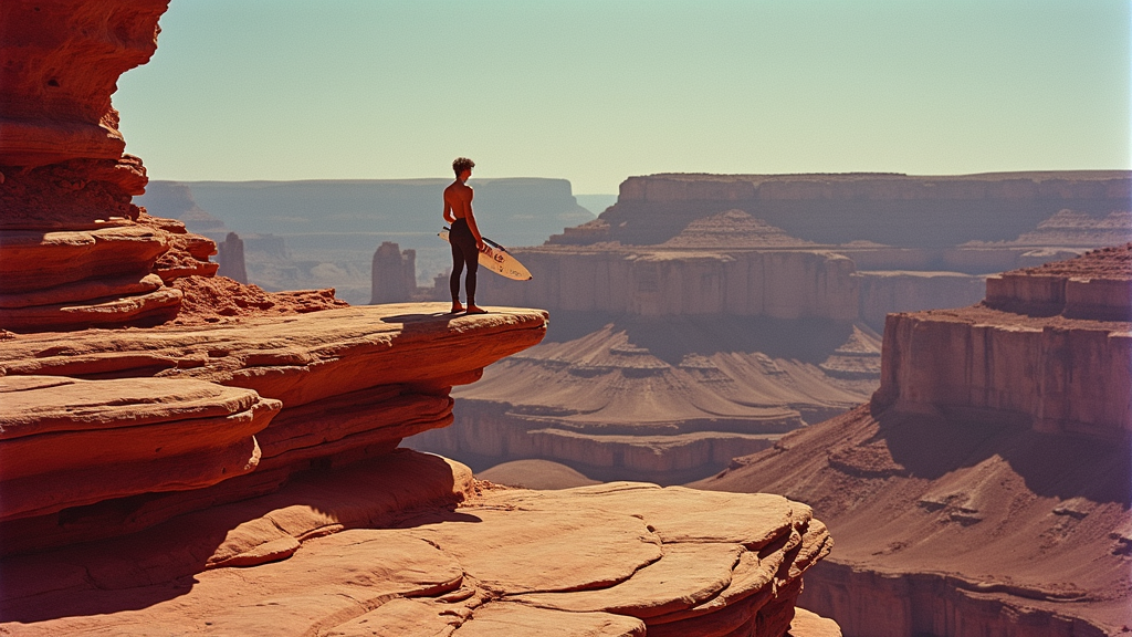 A person holding a surfboard stands on the edge of a rocky outcrop, overlooking a vast, desert canyon landscape under a clear sky.