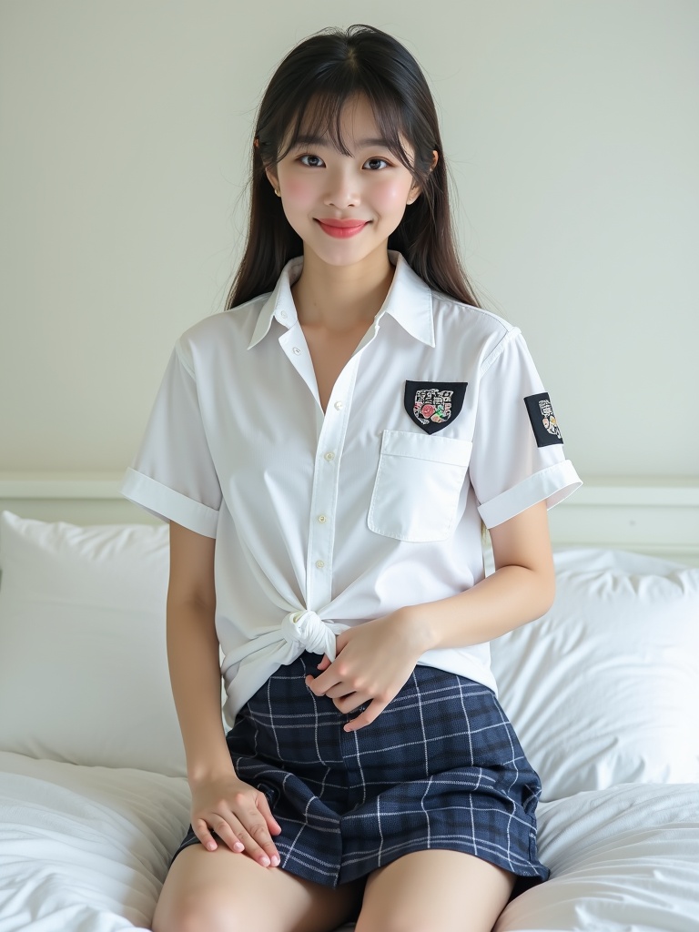 The image features a person sitting on a bed, wearing a white shirt tied at the front and a checkered skirt. She has a pleasant smile and is posed in a relaxed, comfortable manner. The simplicity of the background, with just the white bedding and plain wall, enhances the subject as the focal point.