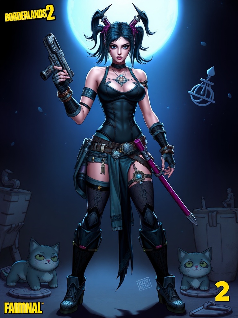 A strong female character in a futuristic outfit, standing confidently under a full moon. She's holding a weapon, with a determined expression. Two cartoonish cats sit beside her, adding a playful element. The background hints at a sci-fi environment.