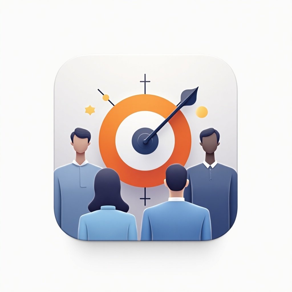 Design an app icon for managers to direct their teams. Illustration of a target symbol with people in front. Modern and professional look.