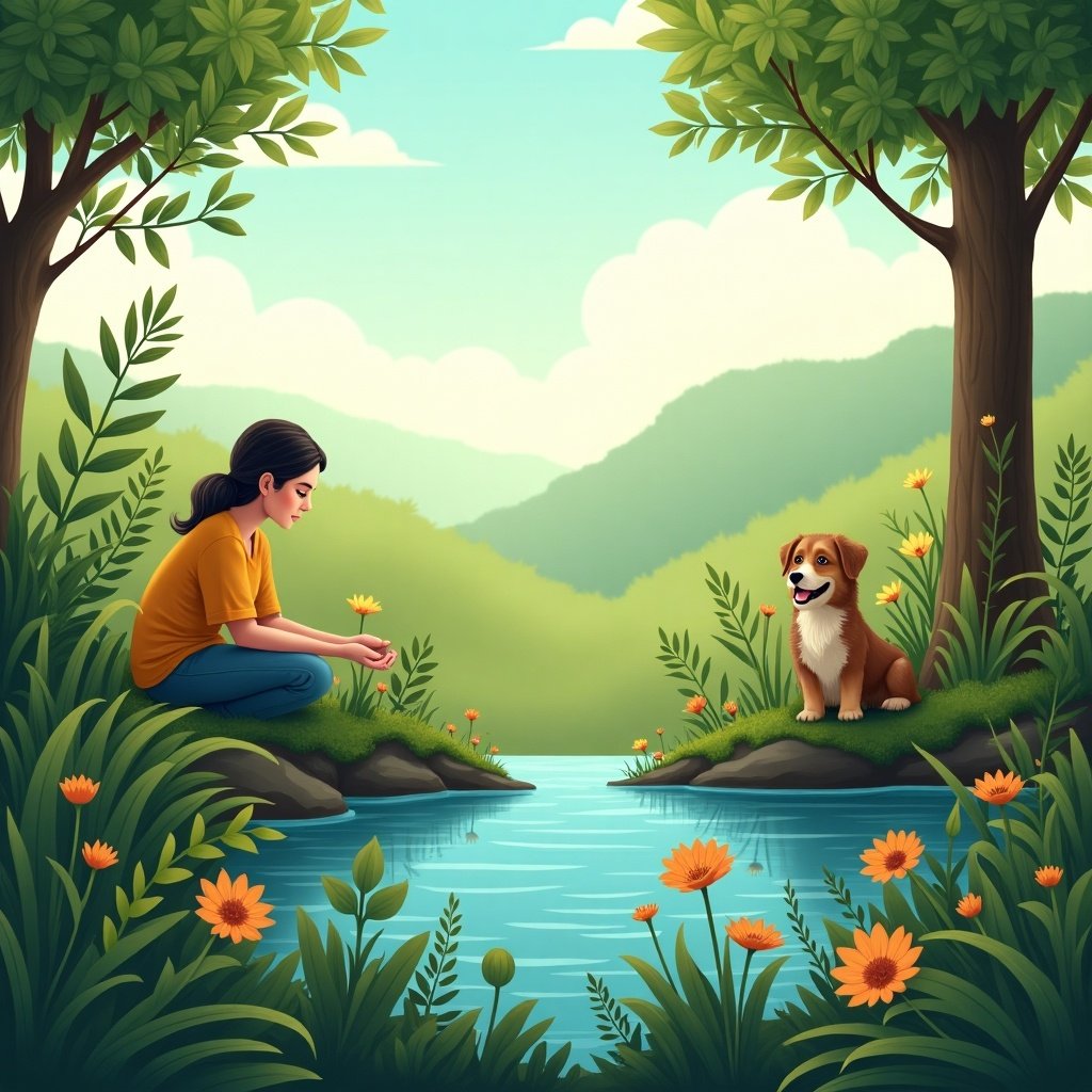 A girl sits by a river surrounded by trees and flowers. A dog is on the opposite bank. Bright natural scenery evokes peace and connection with nature.