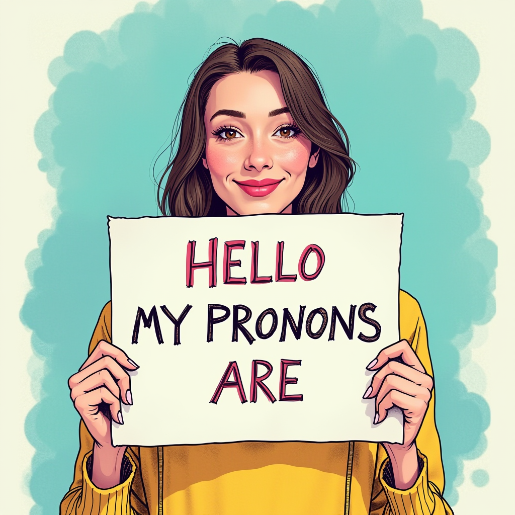 A person in a yellow sweater holds a sign reading 'HELLO MY PRONONS ARE' against a blue background.