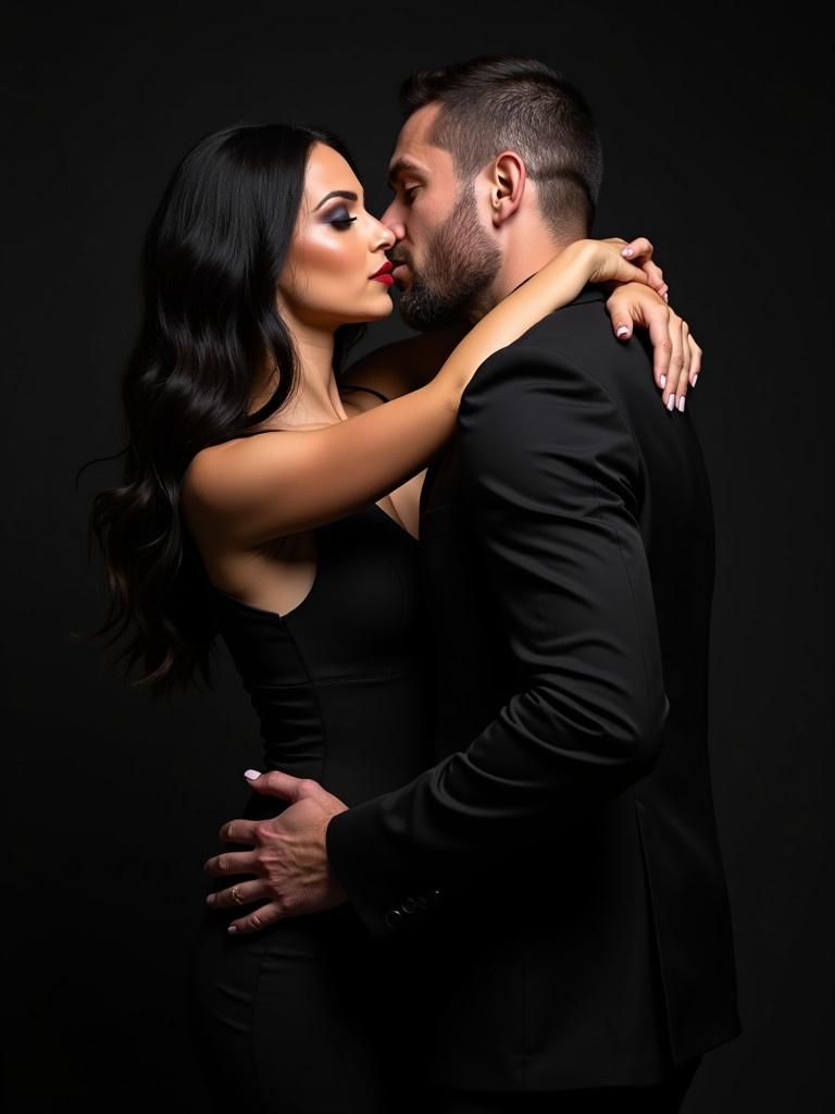 A couple is embracing in a close and intimate gesture. Woman has long dark hair and dramatic makeup. Man has a rugged appearance with short hair. They are posed in a moment of near-kiss. Both are dressed elegantly in black attire.