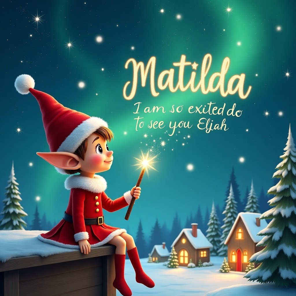 An elf sits on a wooden ledge. The elf gazes at a magical sky with Northern Lights. Dressed in a red outfit and pointed hat, the elf holds a wand. The elf writes 'Matilda' in the night sky. The scene has a snowy landscape, houses, and trees. The elf writes, 'I am so excited to see you Elijah.' The image shows warmth and Christmas spirit.