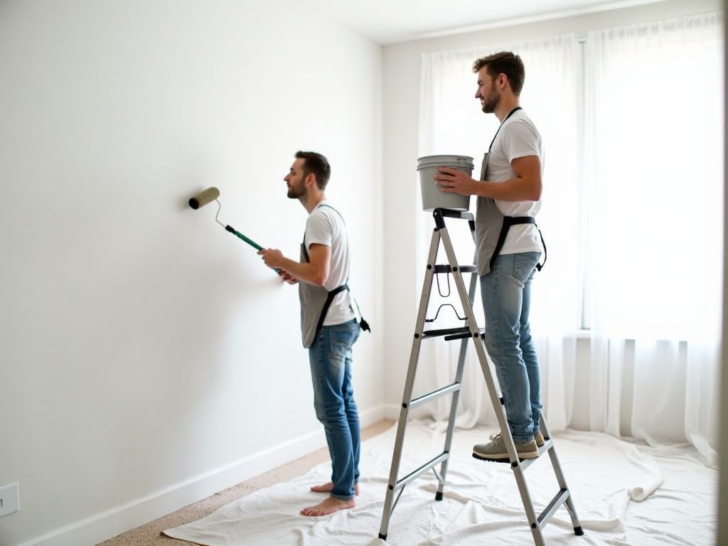 The image shows two painters working indoors. One painter is using a roller to apply paint to a white wall. The other painter is standing on a metal ladder, holding a paint brush and a bucket. The workspace is clean and organized, with sheets covering the floor to protect it from paint. The lighting is bright, suggesting a well-lit work environment.