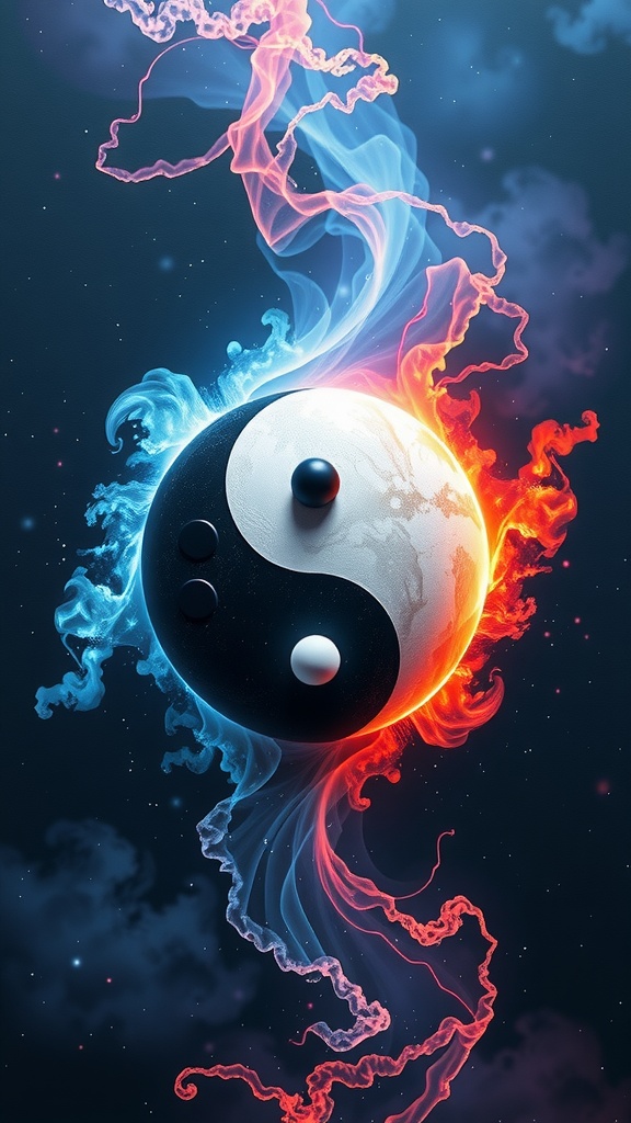 A yin-yang symbol engulfed in swirling blue and red flames against a cosmic background.