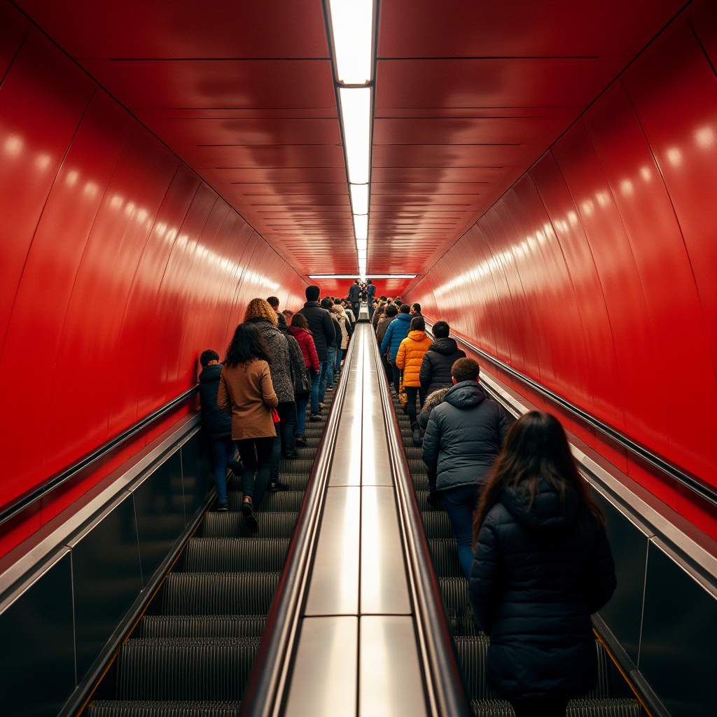 People ascending an escalator in a striking red-walled underground station.