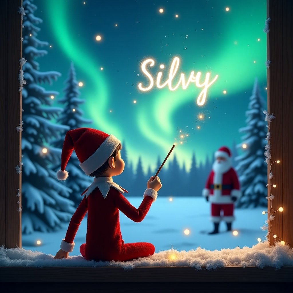 An elf on the shelf is seen with his back towards the viewer, facing a beautiful winter landscape. He holds a magic wand, using it to write the name 'Silvy' in the sky. The background features mesmerizing northern lights illuminating the night. In the distance, Santa Claus stands amidst the snow-covered trees. This scene captures the essence of Christmas magic and wonder, inviting viewers into a whimsical holiday world.