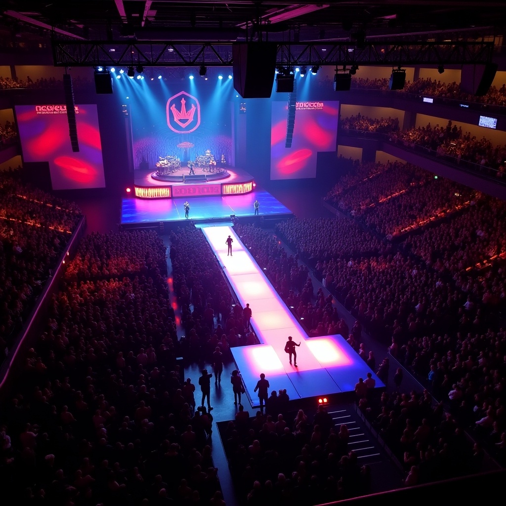 This image captures an energetic live concert featuring Roddy Rich at Madison Square Garden. The stage is illuminated with vibrant lights, creating a dynamic atmosphere. A T-stage runway extends into the audience, enhancing the interaction between the artist and fans. The venue is packed with an enthusiastic crowd, demonstrating high energy and engagement. The aerial perspective provides a comprehensive view of the stage layout and audience arrangement, showcasing the scale of the event.