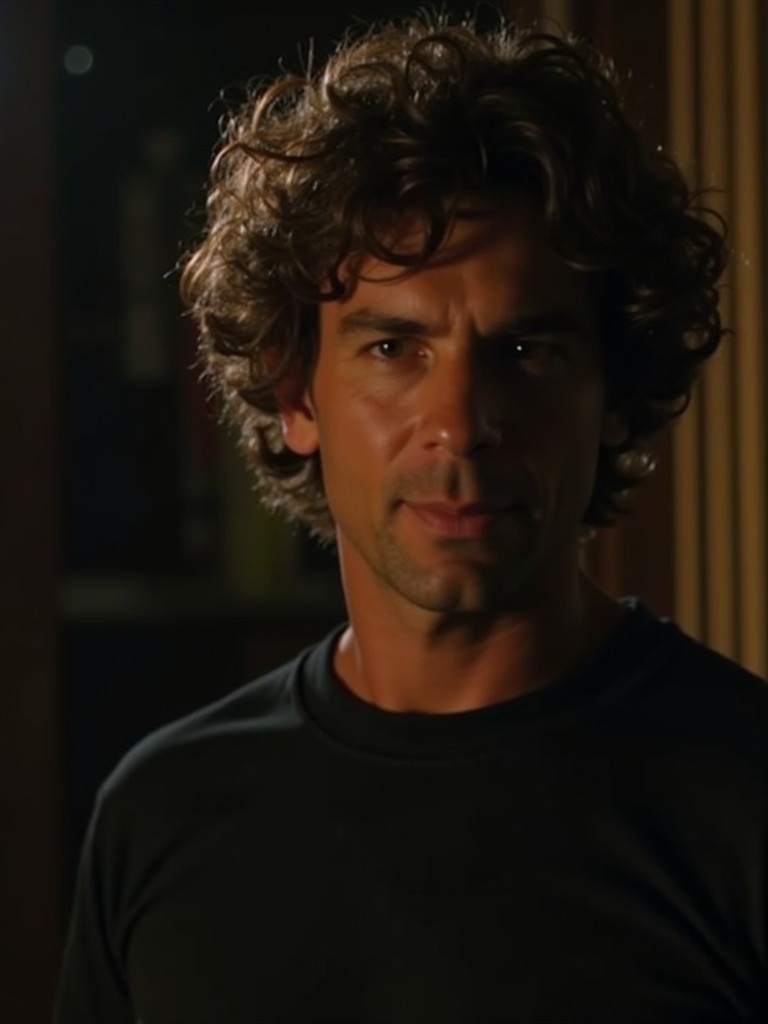 A man stands in a dimly lit room. He has curly hair. His expression is serious. He looks directly at the camera. The setting emphasizes shadows.