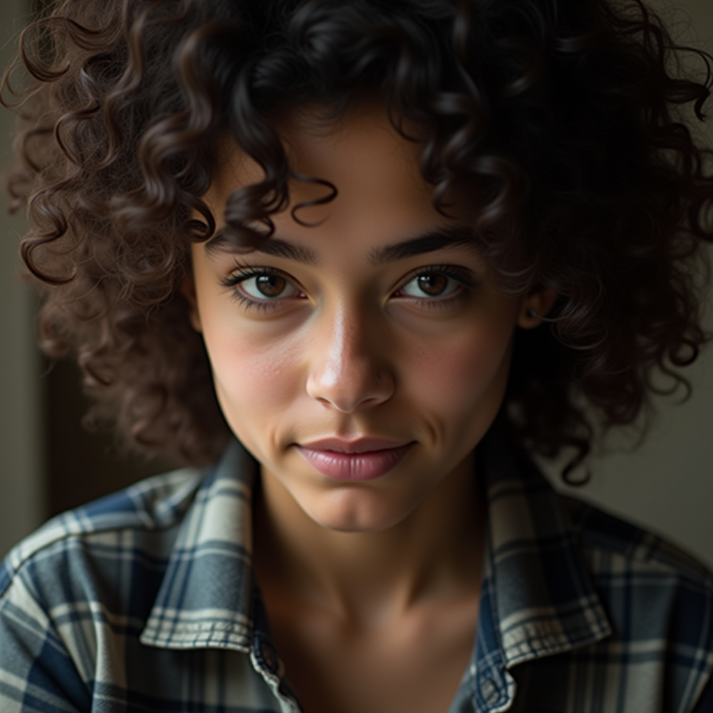 A young woman with curly hair gazes confidently at the camera, wearing a plaid shirt.