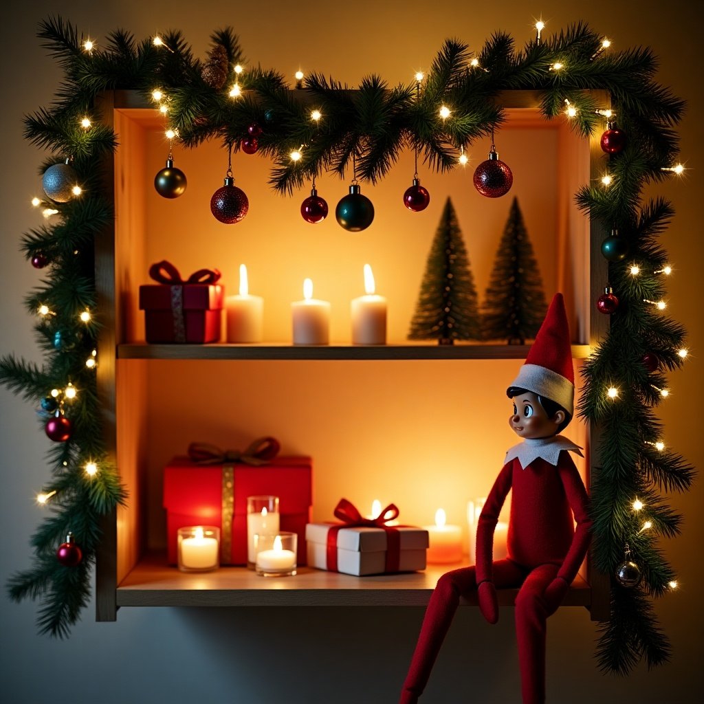 A Christmas shelf display featuring an elf. Decorated with candles, presents, and pine garlands. Soft warm lighting creates a cozy atmosphere.