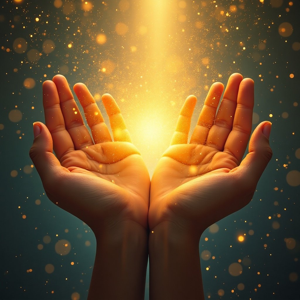 Illuminated hands open to receive light. Sparkling particles surround them. Themes include growth, healing and betterment.