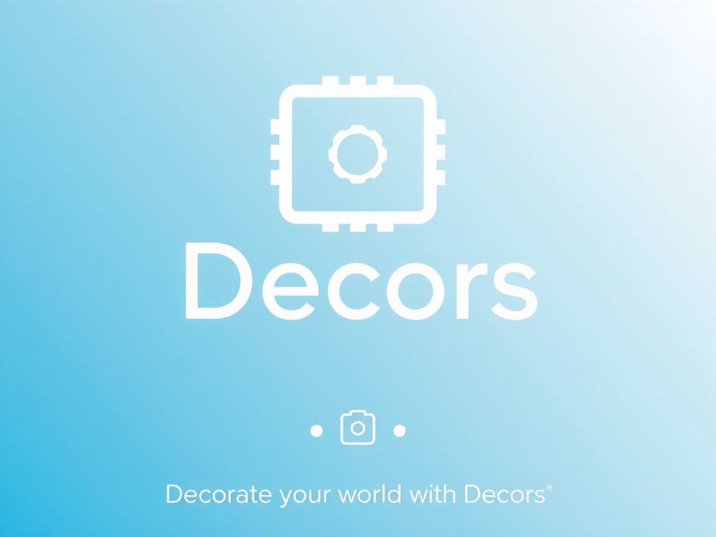 The image features a minimalist logo design for a brand called "Decors." It presents a stylized icon resembling a gear or mechanical component, placed within a square, all in white. The design is set against a soothing blue gradient background. At the bottom, a tagline reads "Decorate your world with Decors," suggesting a focus on interior or product design.