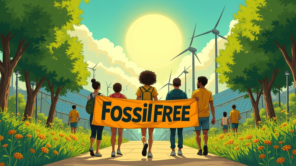 Illustration inspired by solarpunk in the style of Studio Ghibli. A group of diverse protesters walks through a green city. They hold a large banner saying 'FOSSIL FREE'. Their expressions are determined. Lush trees and solar panels are present. Wind turbines are in the background. Warm sunlight enhances the scene. Painterly textures and vibrant colors create an optimistic atmosphere.