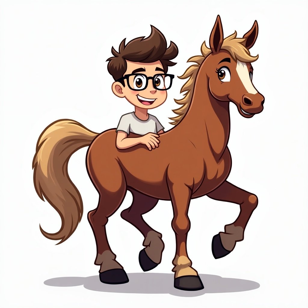 A brown-haired male character transforms into a male anthro horse. Character has glasses and is riding the horse. The horse looks friendly and cartoonish.