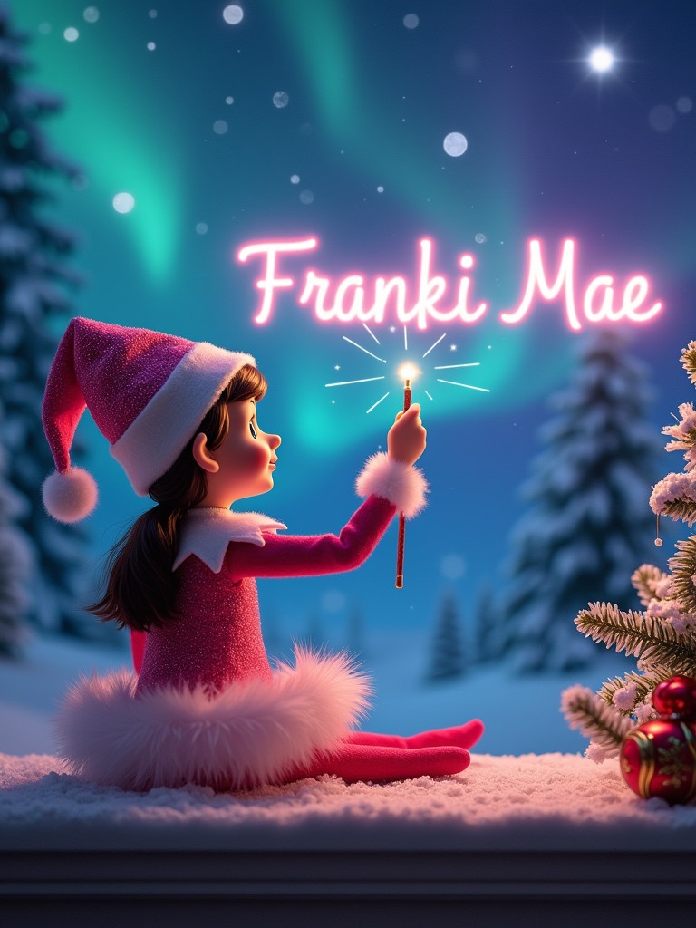 An enchanting Christmas scene featuring a girl elf on the shelf writing in the sky. The elf wears sparkly pink and white. A magic wand is used to create a glowing 'Franki Mae'. The backdrop shows vibrant northern lights and tall trees, creating a festive atmosphere.