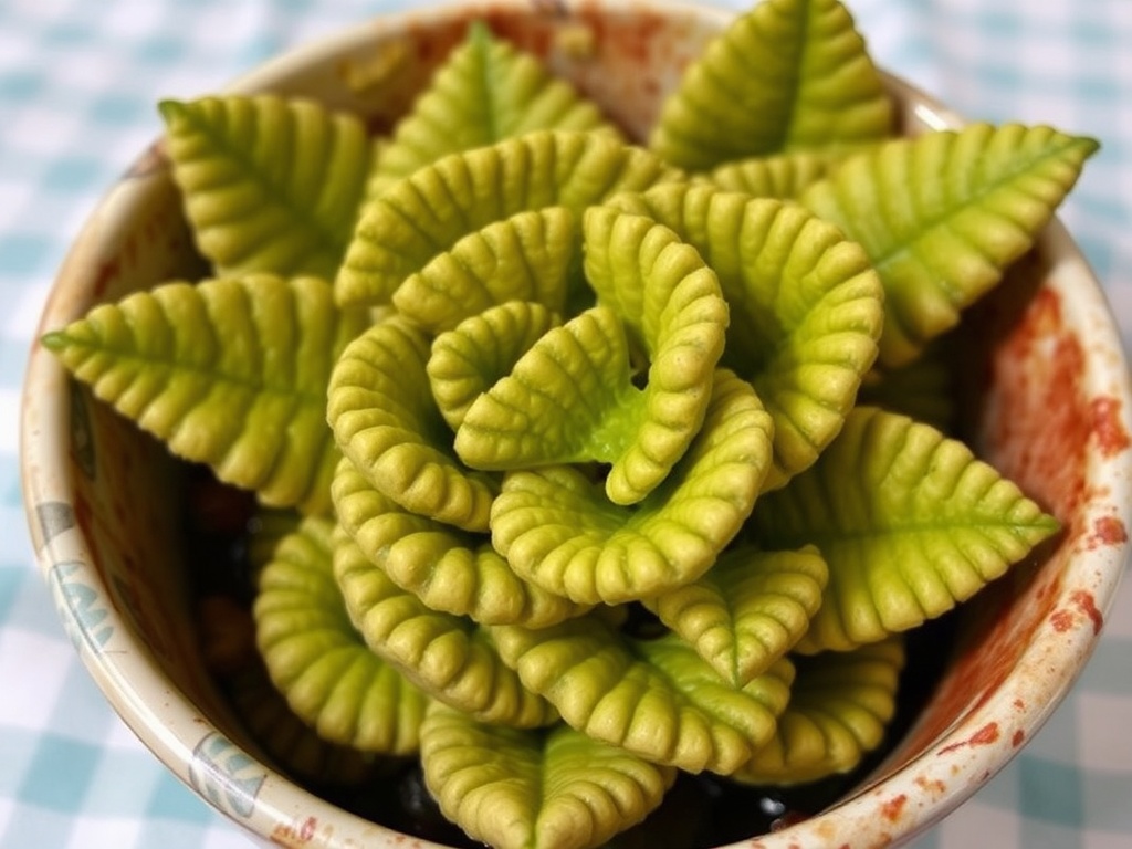 The image showcases a vibrant green succulent plant with spirally arranged, crinkled leaves. It is potted in a ceramic container exhibiting earthy tones and textures. The background features a checkered pattern, enhancing the contrast and bringing focus to the plant's unusual and mesmerizing structure.