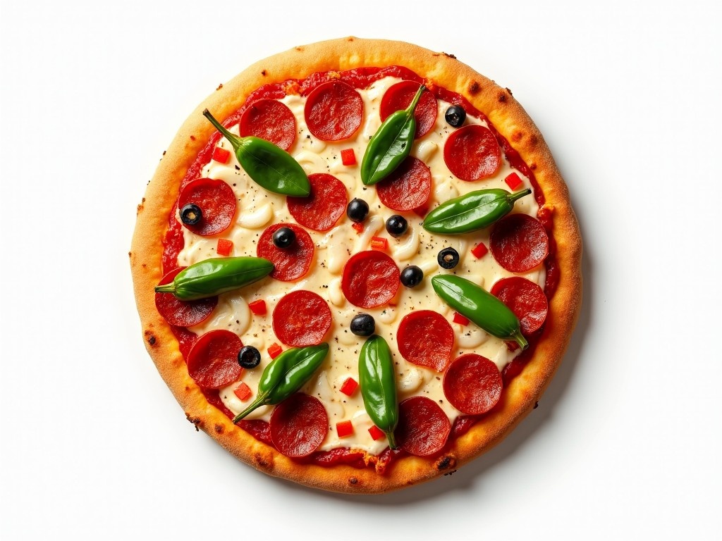 Generate an image of a pizza viewed from a top-down angle with a thin, golden-brown crust. The background should be plain white, and lighting should be soft and even to highlight the toppings. Use pepperoni, green peppers, olives, and cheese as the main ingredients. Ensure the pizza appears appetizing, with a balanced distribution of toppings for visual appeal. Maintain consistency in style and theme across all images.