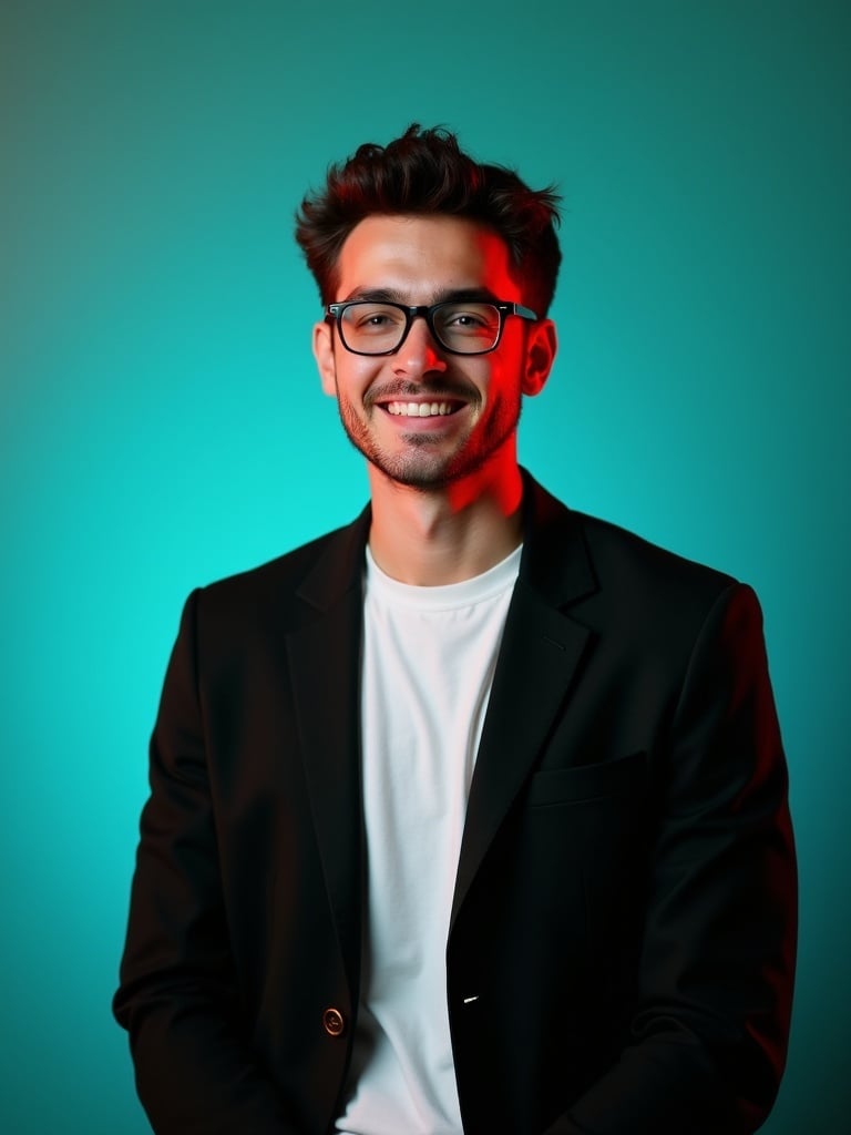 Young man. Dark hair. Confident smile. Dressed in black blazer over white shirt. Glasses. Aqua backdrop with subtle red lighting. Posing for professional purpose.