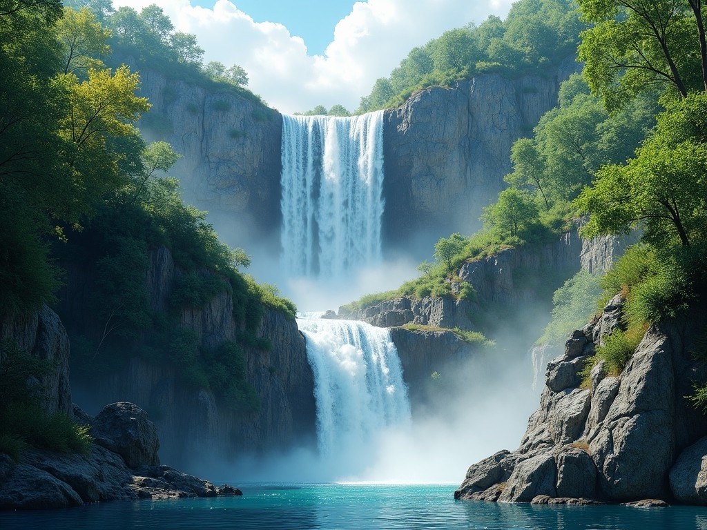 This image features a breathtaking mountain waterfall cascading down a steep cliff. The details showcase the intricate flow of water and the surrounding rocky terrain. Lush greenery frames the scene, adding vibrancy to the landscape. It captures a serene and majestic moment in nature. The lighting is bright and enhances the natural beauty of the waterfall.