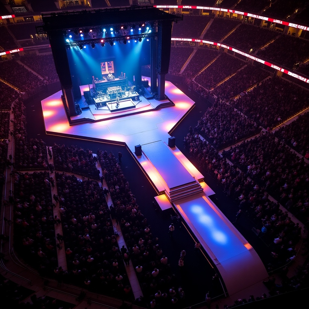 Roddy Rich concert stage at Madison Square Garden with a T-stage runway. Image taken from a drone's perspective showing a packed audience and colorful stage lighting.