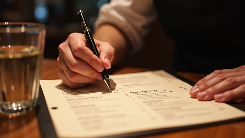 A person is holding a pen and marking choices on a menu beside a glass of water.